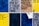 A grid of posters featuring bold, geometric typography in various colors. Some posters have words that are partially obscured or peeled. The background colors include blue, yellow, and beige, with different text orientations. One poster appears to be partially peeled back to reveal a layer underneath.