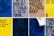A grid of posters featuring bold, geometric typography in various colors. Some posters have words that are partially obscured or peeled. The background colors include blue, yellow, and beige, with different text orientations. One poster appears to be partially peeled back to reveal a layer underneath.
