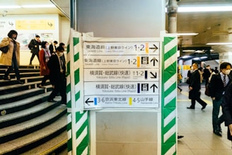 A busy underground station with various people walking in different directions. Multiple directional signs in Japanese and English guide commuters to different train lines, including Tokaido Line, Yokosuka Line, and Yamanote Line. The atmosphere is structured, with clear pathways and staircases leading up and down.