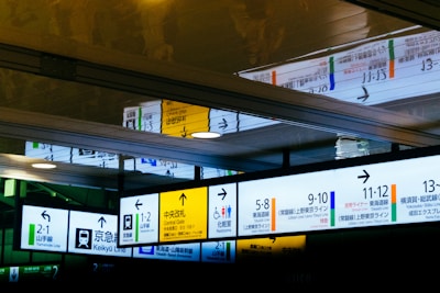 A series of colorful wayfinding signs, featuring directions and line information for various train services. The signs include both English and Japanese text, with symbols indicating facilities such as restrooms and accessible features. There's a notable reflection of the signage on the ceiling, adding depth to the image.