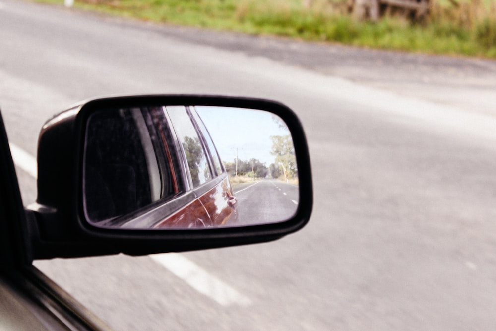 a rear view mirror on a car reflecting a dog