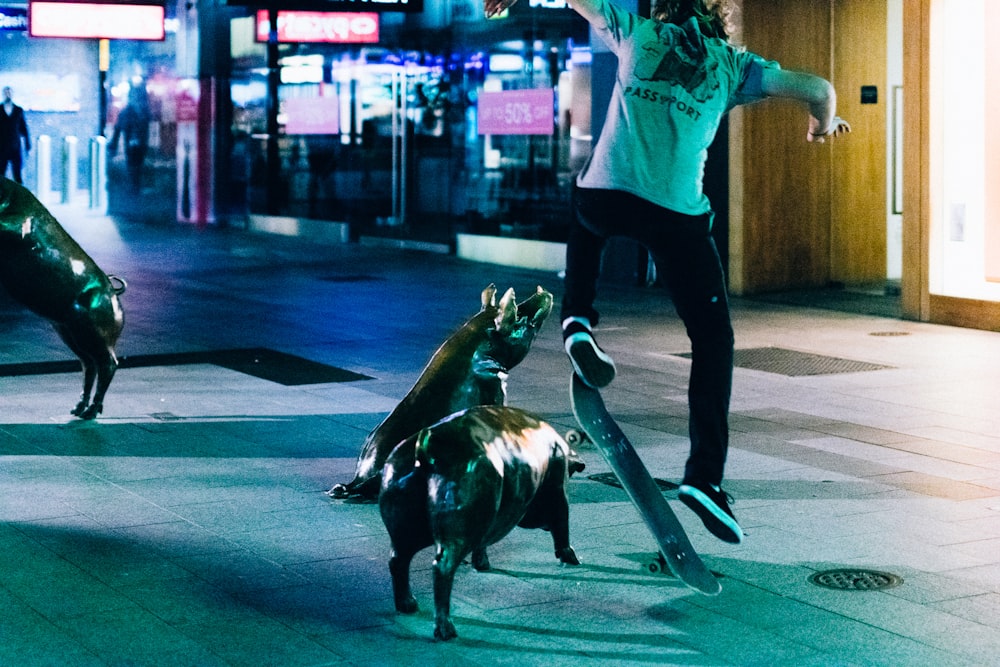 a person riding a skateboard on a city street