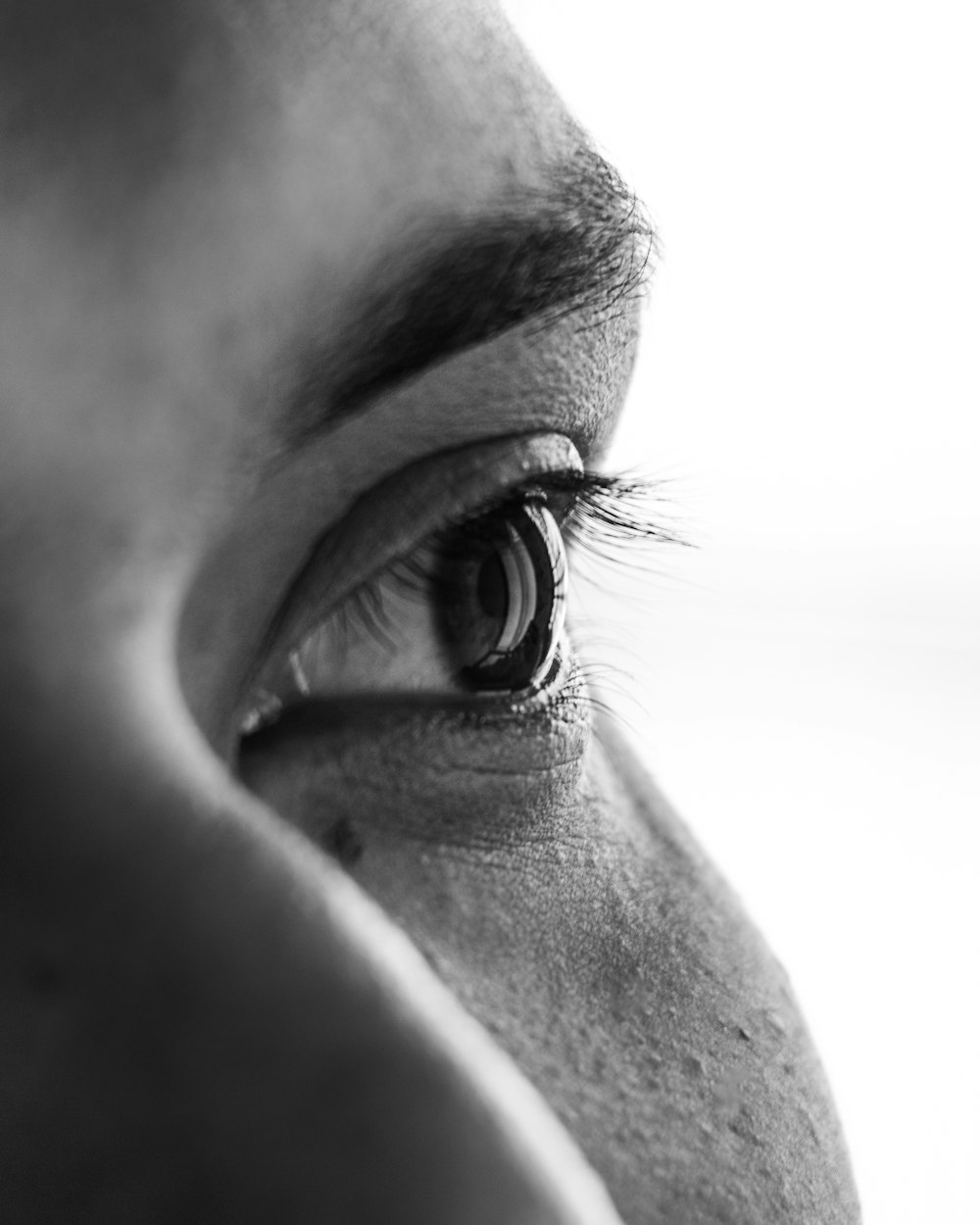 a close up of a person's eye with a white background