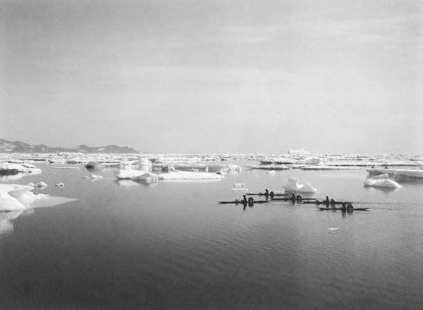 Kayakers paddling through crystal-clear waters framed by towering icebergs and snow-capped peaks.