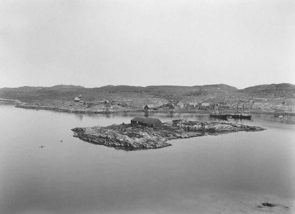 a black and white photo of a small island in the middle of a lake