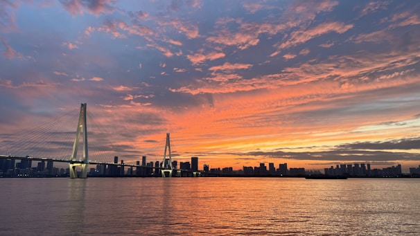 A vibrant scene of floating islands connected by wooden bridges under a sunset sky.