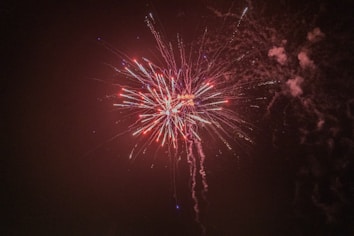 Brightly colored fireworks burst in the night sky, with vibrant red, white, and blue beams radiating outward. The trails of light extend in multiple directions, creating a dazzling starburst effect against the dark backdrop.