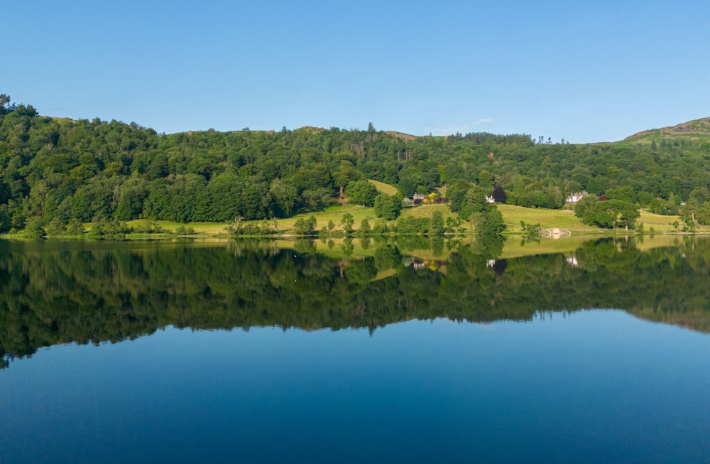 a large body of water surrounded by a lush green hillside