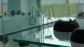 A display case containing modern, minimalist metal eyeglass frames suspended on a transparent stand. The background features a slightly blurred view, adding depth to the arrangement. The overall setting suggests a sophisticated, clean, and contemporary aesthetic.
