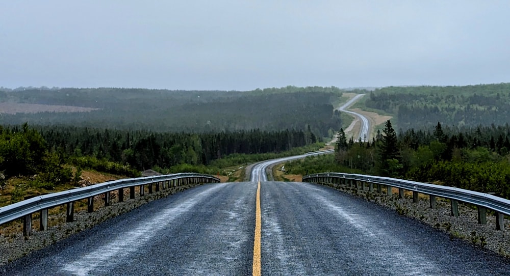 an empty road with a yellow line in the middle of it