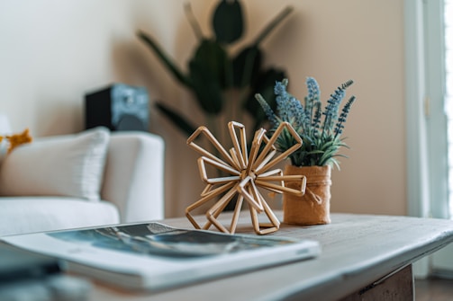 A modern, cozy living room setting features a geometric wooden sculpture on a coffee table, a decorative potted plant with lavender blooms nearby. The background includes a white sofa with mustard-colored accents and a speaker partially visible. A large plant with broad leaves adds greenery in the corner.