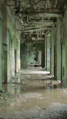 Flooded apartment hallway with water pooling near doors.