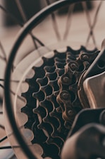Close-up view of a bicycle gear cassette featuring multiple sprockets with a focus on the intricate metal teeth and chain links.