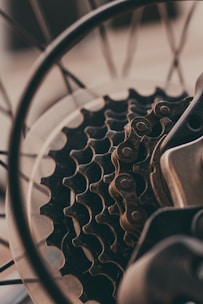 Close-up view of a bicycle gear cassette featuring multiple sprockets with a focus on the intricate metal teeth and chain links.