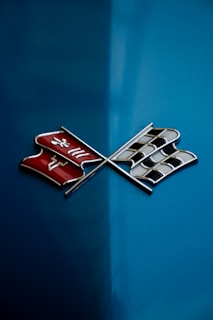 a close up of the emblem on a blue car