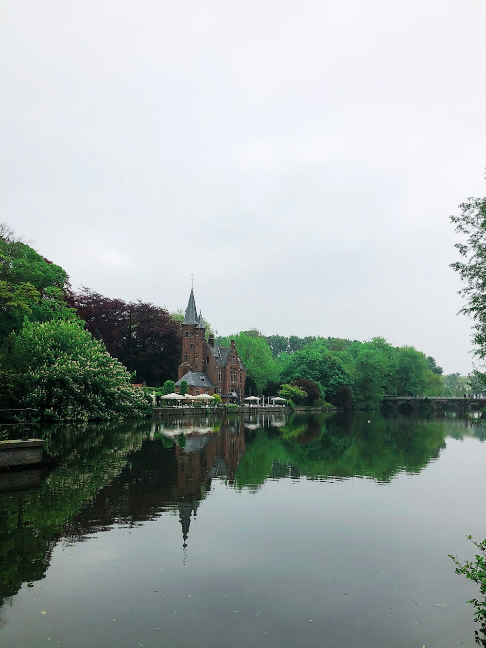 a large body of water surrounded by trees