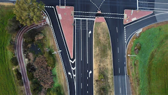 Aerial view of a large-scale road safety project showing multiple lanes with clear lane markings and traffic signs.