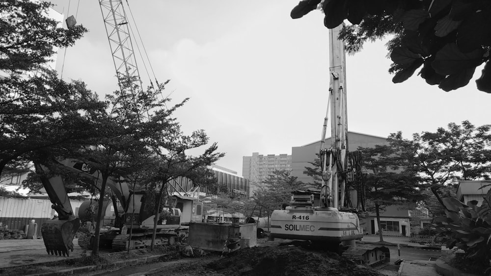 a black and white photo of a crane