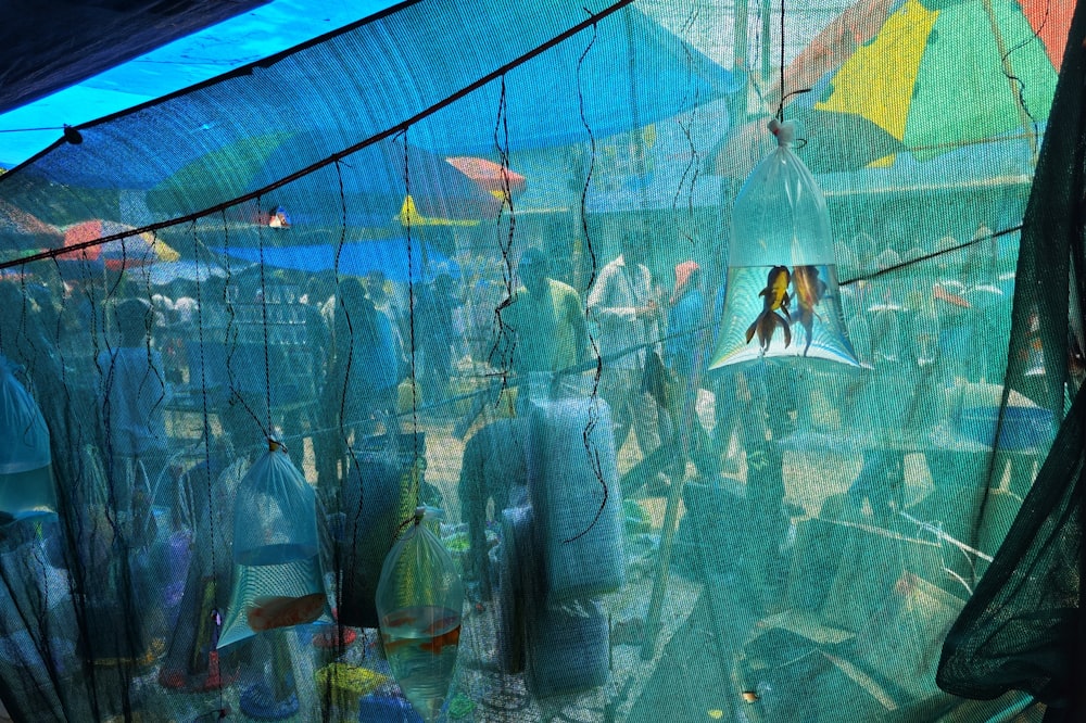 a group of people standing under a colorful umbrella