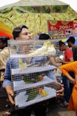 A person is holding a multi-tiered wire cage containing several colorful birds, including parrots. The scene is set in a busy marketplace, as indicated by surrounding people and a variety of stalls. The weather is clear, and an assortment of goods is being advertised in the background under a camouflage-patterned umbrella.