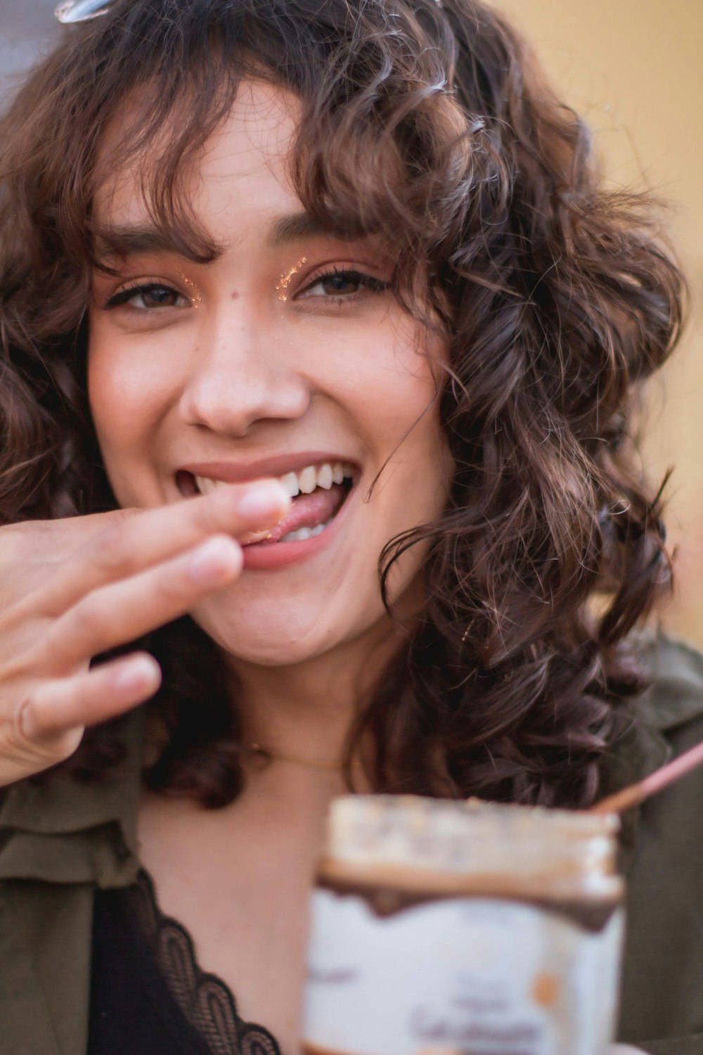 a close up of a person eating food