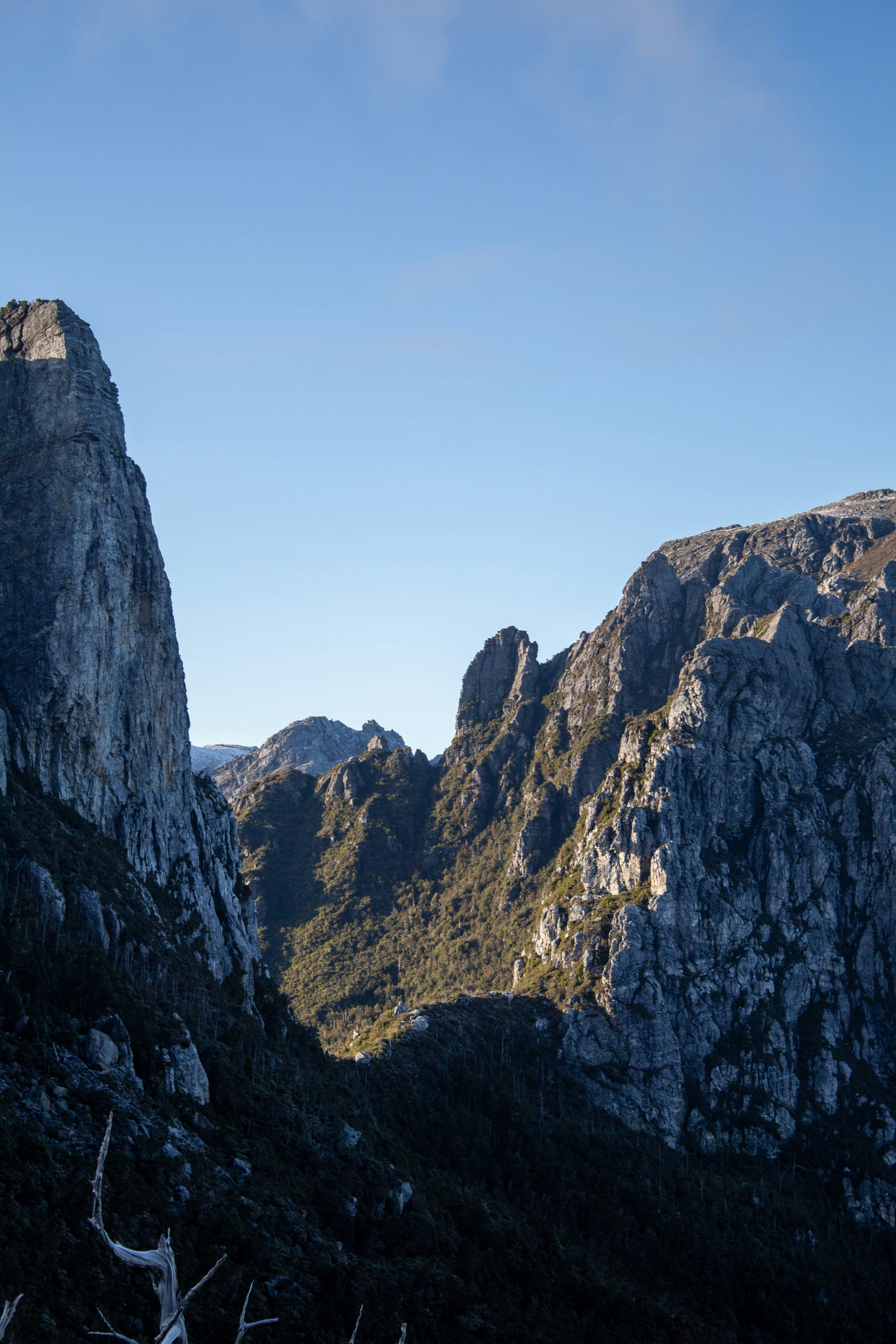a view of a mountain range from the top of a hill