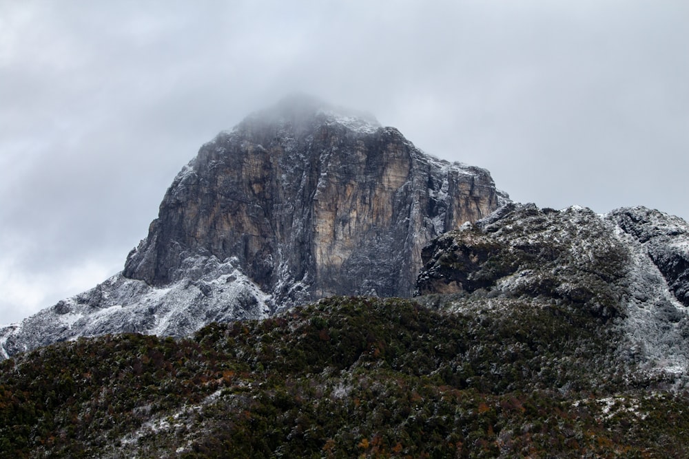 a mountain covered in snow on a cloudy day