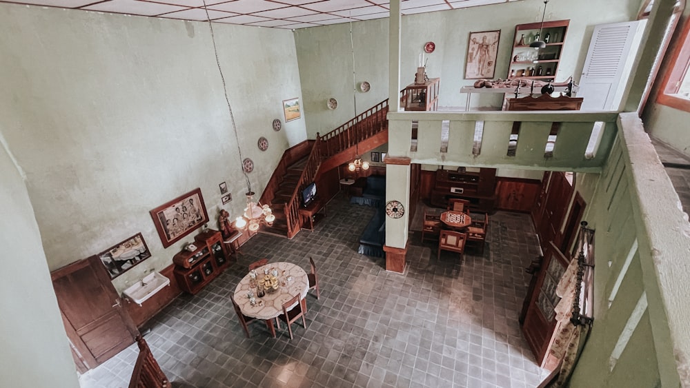 an aerial view of a dining room and living room