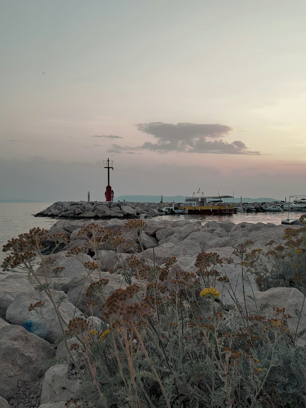 a view of a body of water from a rocky shore