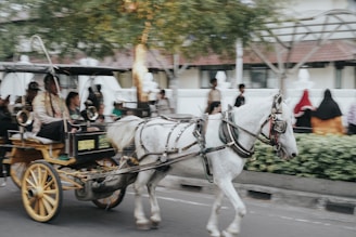 A horse-drawn carriage is moving along a street lined with greenery. The carriage is ornate with wooden wheels and seats several people. Background elements include a blurred row of people walking and a building with a tiled roof.