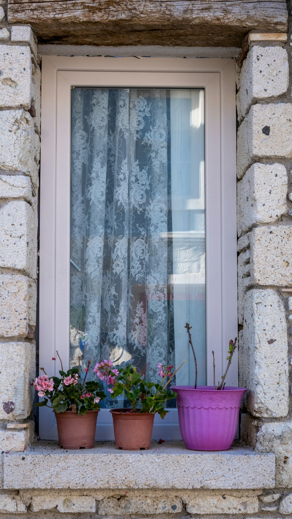 a window sill with two pots of flowers in front of it