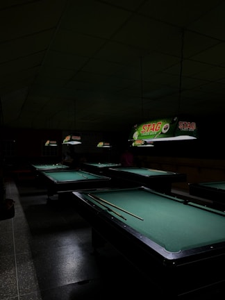 A dimly lit room containing several pool tables with green felt surfaces. Overhead, illuminated signs are visible, displaying the brand name 'Stag Lager Beer' in bright colors. The room has a gloomy atmosphere due to the low lighting conditions, with shadowed areas around the tables.