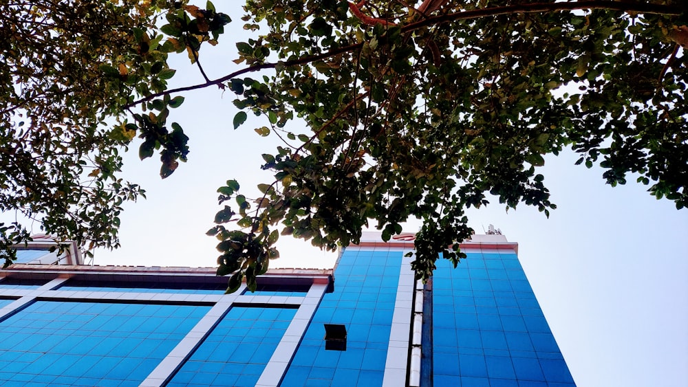 a tall blue building with a clock on it's side