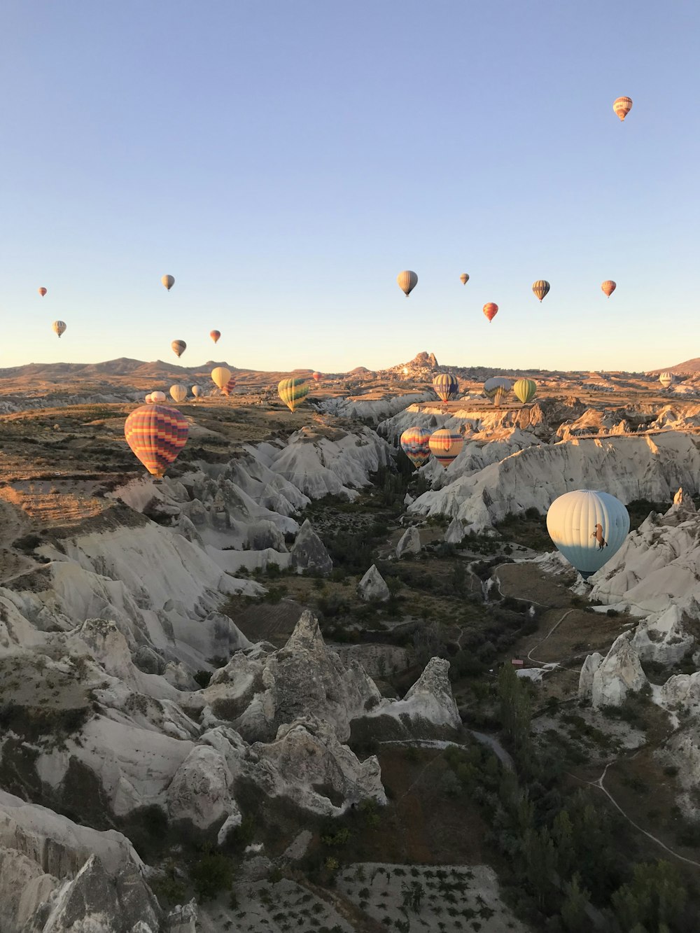 a group of hot air balloons flying over a valley