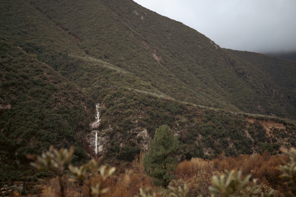 un lato della montagna con una cascata nel mezzo di esso