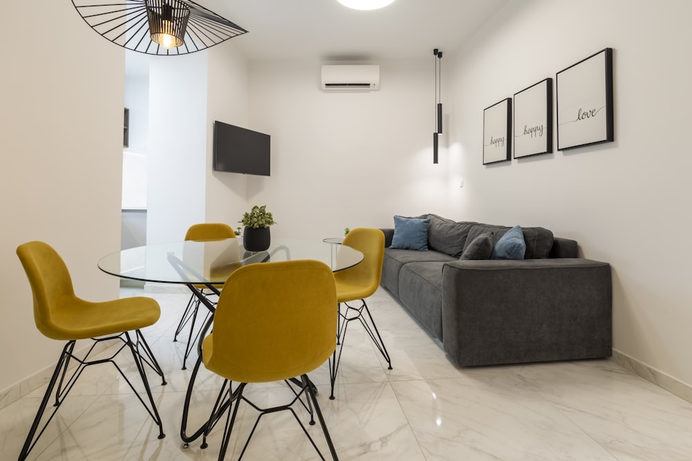 a living room with a couch and a table