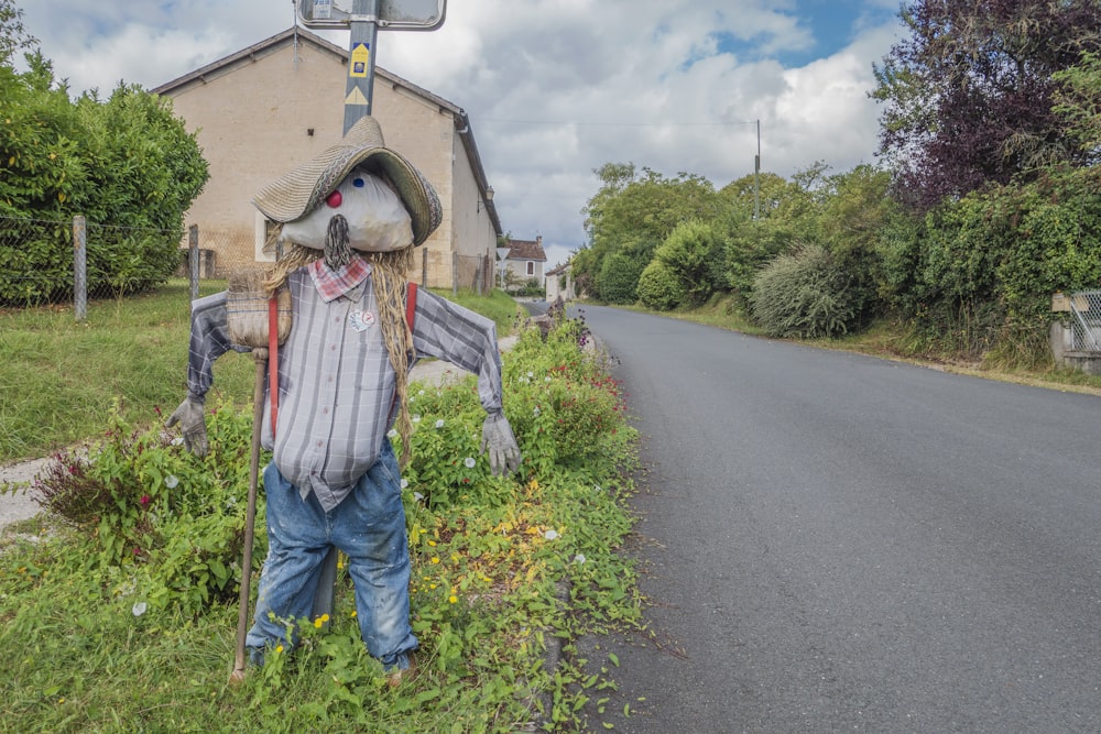 a scarecrow standing in the grass next to a road