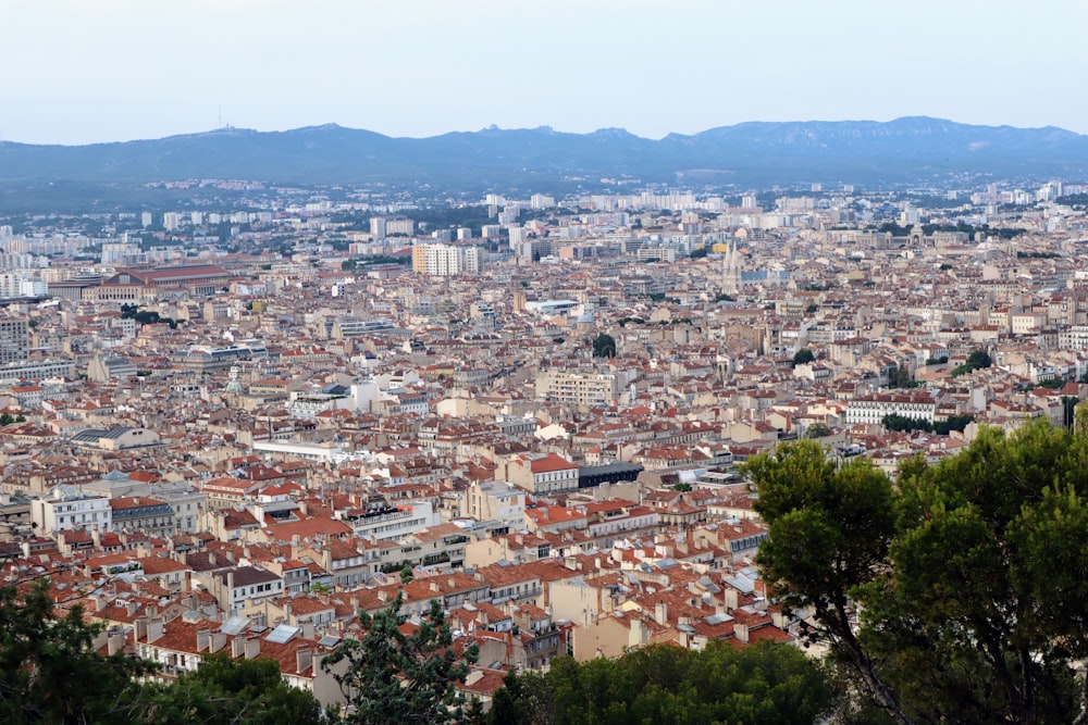 a view of a large city with mountains in the background