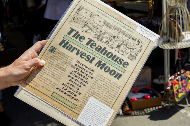 A hand is holding a vintage-style newspaper titled 'The Teahouse Harvest Moon.' The paper features an illustration of people and text describing an event blending aspects of a fair and a 'pot party.' It appears to be set in an outdoor market or fair with various items like shoes and colorful bags visible in the background.