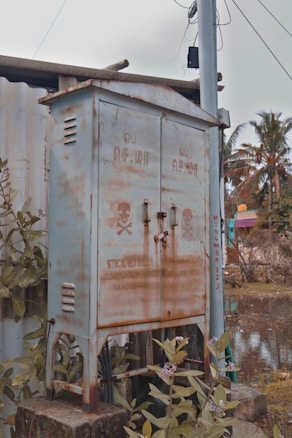 A rusted metal electrical cabinet stands on a concrete base outdoors. It features warning text and a skull symbol, suggesting danger. Surrounding it are plants and vegetation, indicating an outdoor setting. In the background are trees and a small body of water, reflecting a rural or semi-urban area. A utility pole with wires is visible nearby, adding to the industrial theme.