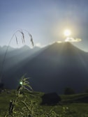 A serene landscape with a person meditating at sunrise.