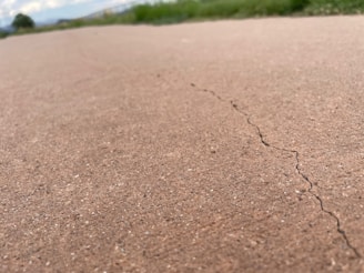 A close-up view of a cracked concrete surface with a visible crack running through it. The background shows blurred green grass and a cloudy sky, indicating an outdoor setting.