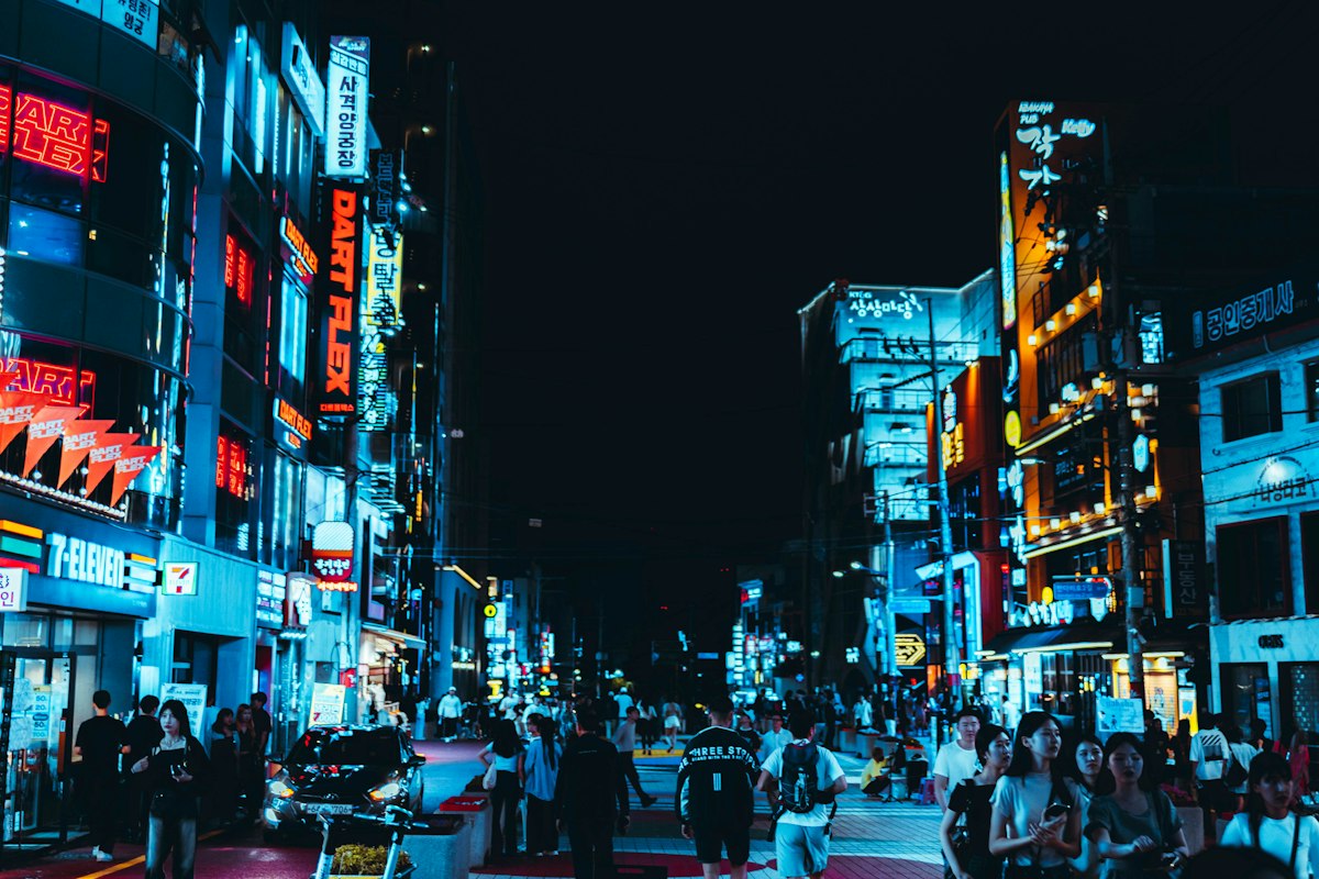 Busy street in Hongdae, Seoul
