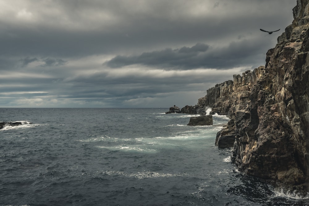 a bird flying over the ocean next to a rocky cliff