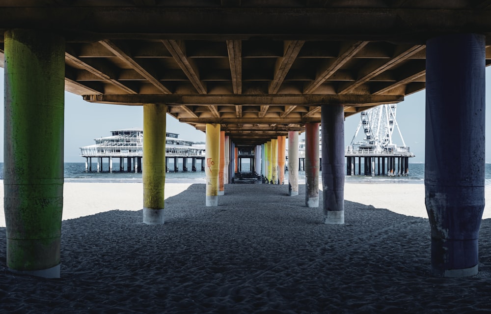 a view of a pier with a ferris wheel in the background