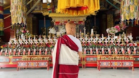 A person dressed in traditional robes stands with their back to the viewer, in front of an ornate altar filled with rows of offerings, colorful decorations, and statues. The setting appears to be a richly adorned place of worship, characterized by intricate patterns and vivid colors.