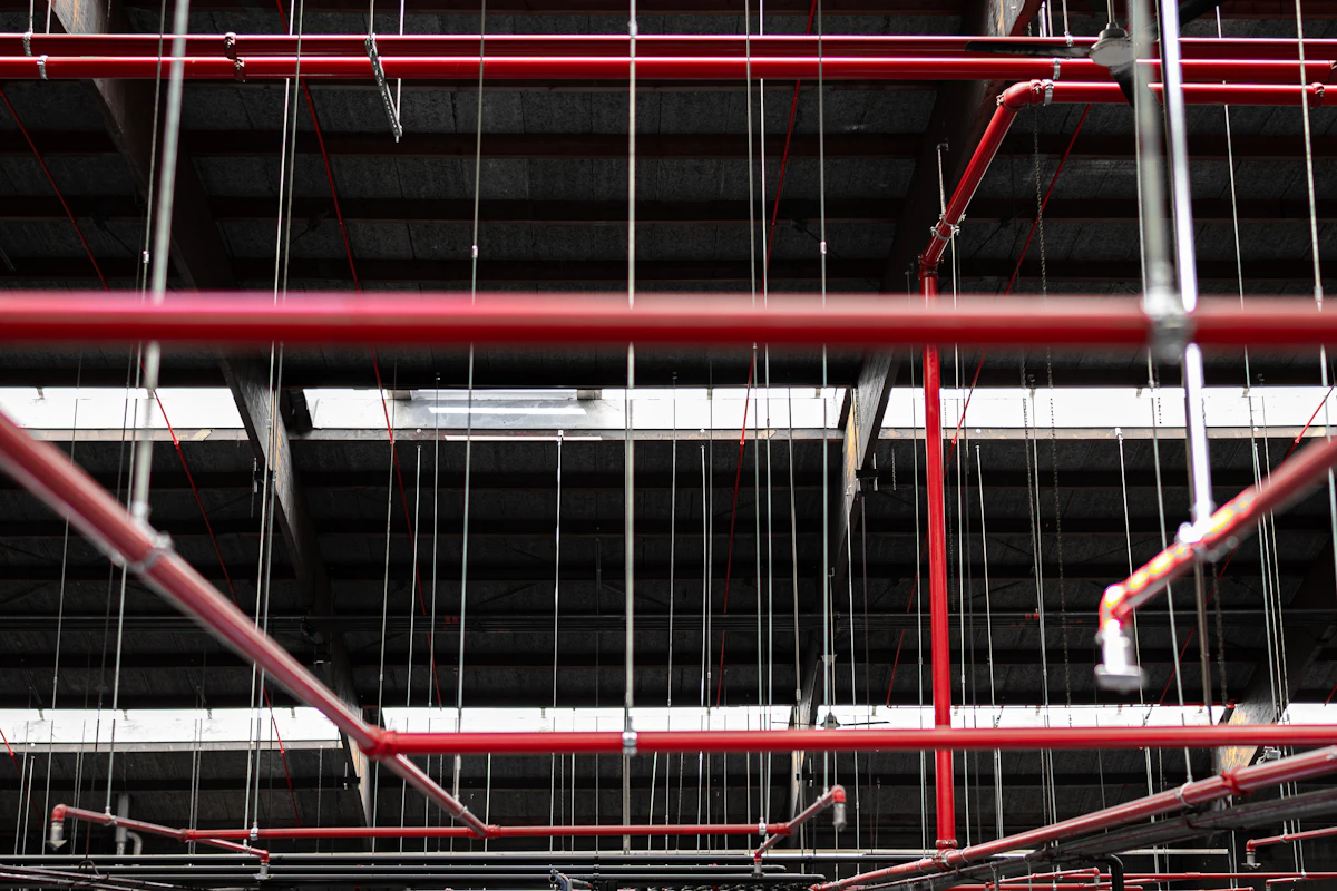Red sprinkler mains across a ceiling