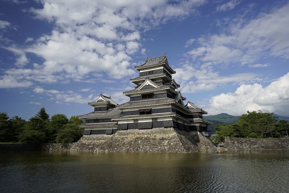 a large building sitting on top of a lake