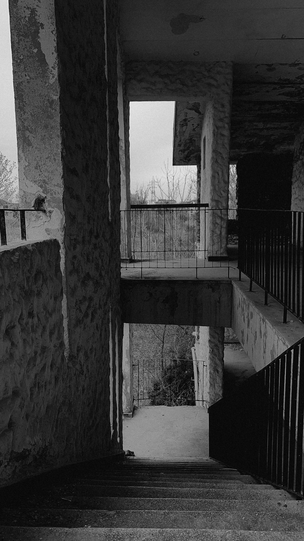 a black and white photo of a stairway