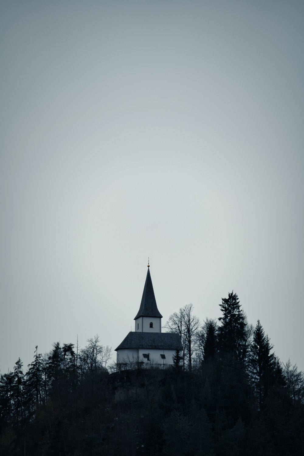 a church on top of a hill surrounded by trees